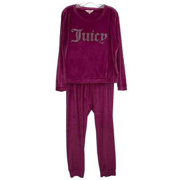 Juicy Couture Rhinestone 2 Piece Velvet Velour Lounge Sleepwear Berry Glam Large